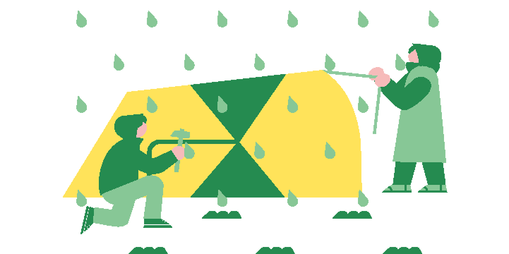 雨の中テントを組み立てるイラスト